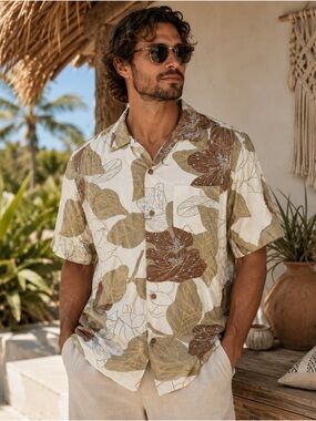 Ben Sherman Short-Sleeve Floral Button-Down Shirt in Cream, Brown & Tan